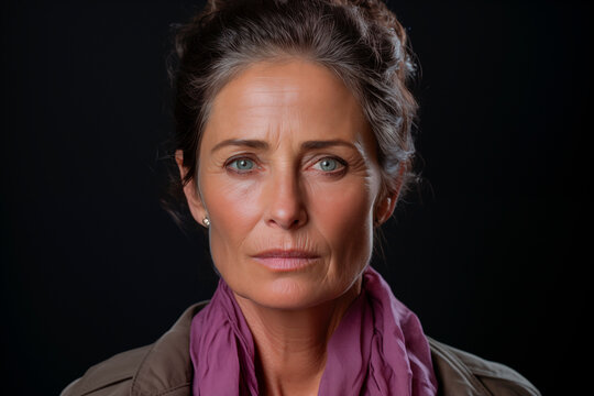 Mujer de edad mediana con expresi&oacute;n triste y angustiada, v&iacute;ctima del maltrato machista, con una blusa  de color morado