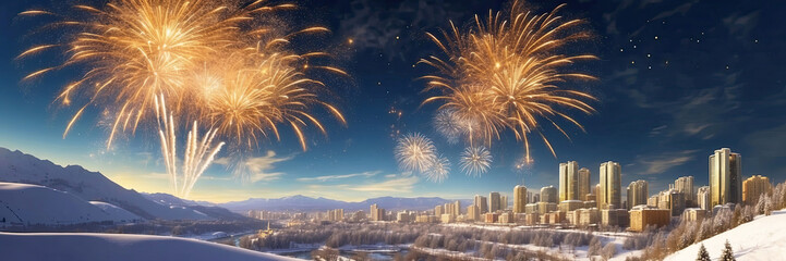 Golden volleys fireworks for Christmas and New Year in winter over a snowy city with multi-storey buildings, a panorama In the mountains. Banner