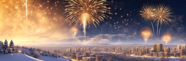 Golden volleys fireworks for Christmas and New Year in winter over a snowy city with multi-storey buildings, a panorama In the mountains. Banner - obrazy, fototapety, plakaty