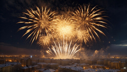 Golden volleys fireworks for Christmas and New Year in winter over a snowy city with multi-storey buildings, a panorama In the mountains.