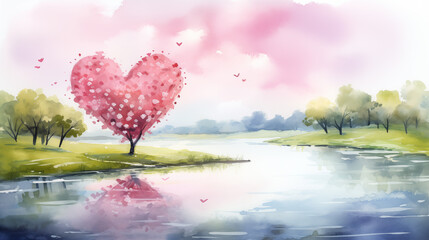 landscape in watercolor of an Idyllic lake in spring time with a large pink heart shaped tree, romance, love - obrazy, fototapety, plakaty