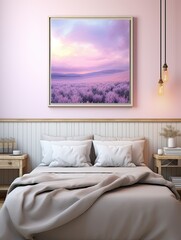 Lavender Fields Above Bed: Moonlit Tranquil Landscape with Pastel Sky