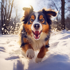 Dog during a walk. A happy dog runs to its owner across a winter landscape.
