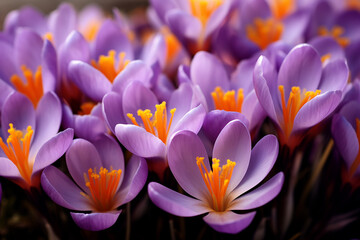 Obraz na płótnie Canvas Close Up of Purple Crocus Flowers with Orange Pistil and Stamens in Arlington - Spring Blossoms - Created with Generative AI Tools
