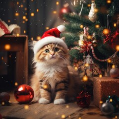 A striped fluffy kitten is sitting on the background of a Christmas tree. A holiday card. A cute pet. The atmosphere of the holiday.
