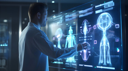 Doctor analyzing body testing result human on technological digital futuristic virtual interface. Technology in medicine. Banner.