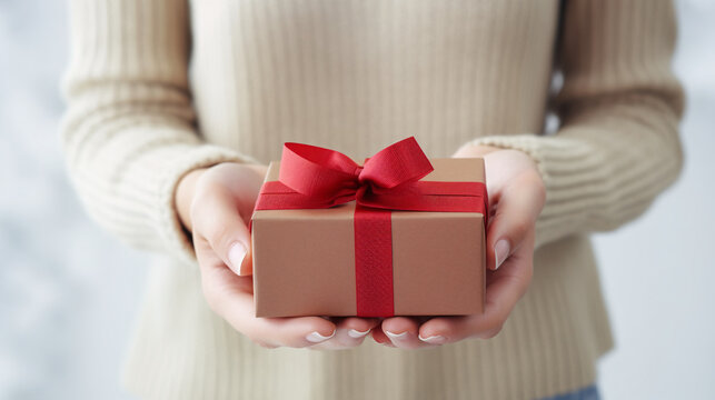 hands holding brown gift box with red ribbon 