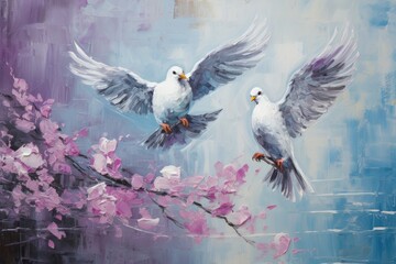 palette knife textured painting Love and pigeons Love Doves pair of pigeons - obrazy, fototapety, plakaty