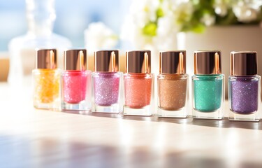 colorful makeup nailpolish with shimmer on white wooden table soft light for beauty card decor