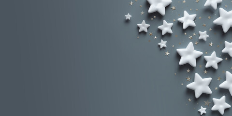 Minimal Christmas banner with 3D white stars and copy-space for text