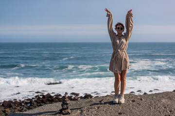 A girl walks on the ocean 