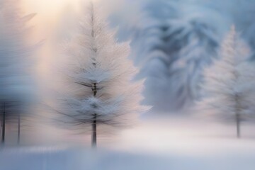 Beautiful winter background image of frosted spruce branches and small drifts of pure snow with bokeh Christmas lights.