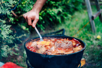 A person's outdoor cooking adventure becomes a symphony of flavors as they expertly stir the dish in a bubbling pot, surrounded by the tantalizing aroma of sizzling food and the rhythmic clanking of  - obrazy, fototapety, plakaty