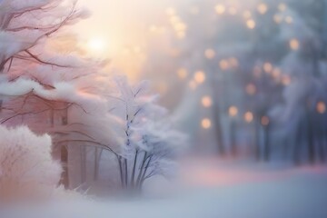Abstract winter background featuring a blurred Christmas tree in a snowy landscape with a snowflake.
