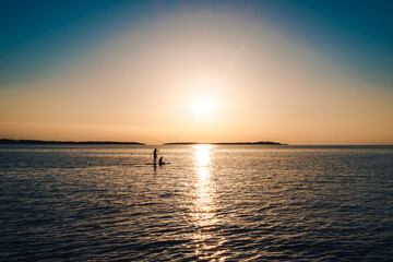Silently gliding through the calm waterway, a lone figure on a paddle board embraces the golden hues of sunrise and the peaceful sounds of the horizon, creating a fluid and wild connection between th