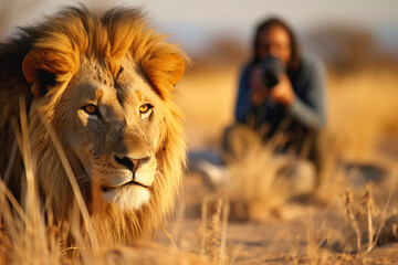 Man traveler taking photo of lion at African savannah. Professional wildlife photographer - obrazy, fototapety, plakaty