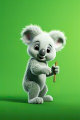 A cartoon koala character pointing to the left, on a bright green background, with a curious expression