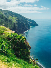 A picturesque paradise awaits as the vibrant green hills meet the tranquil blue waters, creating a stunning outdoor landscape with endless skies, flowing grass, and a rugged coastline featuring mount