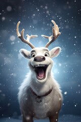 Fototapeta premium A cartoon reindeer character with twinkling antlers, smiling joyfully, on a silver studio background, embodying the spirit of winter