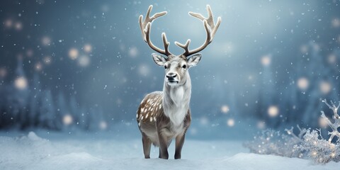 A cartoon reindeer character with twinkling antlers, smiling joyfully, on a silver studio background, embodying the spirit of winter