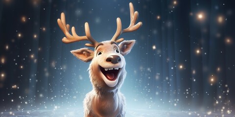 Obraz na płótnie Canvas A cartoon reindeer character with twinkling antlers, smiling joyfully, on a silver studio background, embodying the spirit of winter