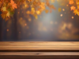 Naklejka na ściany i meble Wood table in autumn landscape with empty copy space.