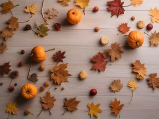 Colorful autumn leaves, pine cones, nuts and grasses. wood banner background. Top down view with copy space.