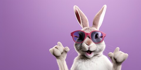 Obraz premium A cheerful bunny character with oversized glasses pointing upwards, on a lavender studio background