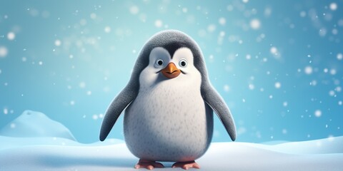 A chubby penguin character waddling happily, with a colorful scarf, against an icy blue studio backdrop