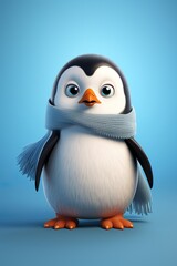 A chubby penguin character waddling happily, with a colorful scarf, against an icy blue studio backdrop