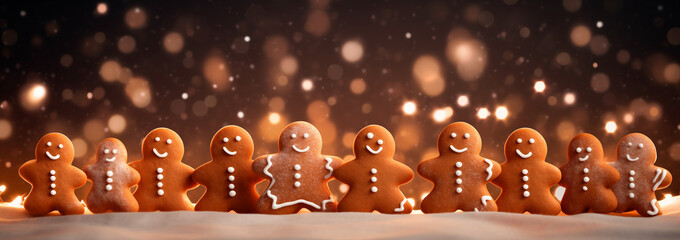 Gingerbread men, horizontal composition. Many gingerbread men stand along the horizon along with a blurry Christmas background.