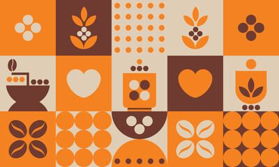 Pattern with coffee with abstract shape. Minimalistic geometric design with flat colors. Illustration for coffee shop, menu, food package, cafe wall, banners, background, wallpaper. - 687276777
