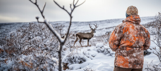 A hunter tracking a caribou in the snow-covered tundra  - obrazy, fototapety, plakaty