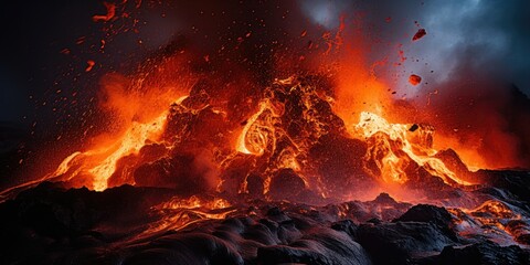Volcanic Outburst - Erupting Volcano Unleashes Lava Torrent - Nature's Fiery Display & Raw Power Unveiled