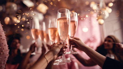 girls toast to a bachelorette party with pink champagne in glass - Powered by Adobe