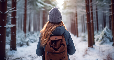 A girl goes into the forest in winter. Close-up photo of a girl from the back. Traveling in winter.