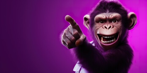 A mischievous monkey character with a cheeky grin, pointing to the right, against a rich purple background