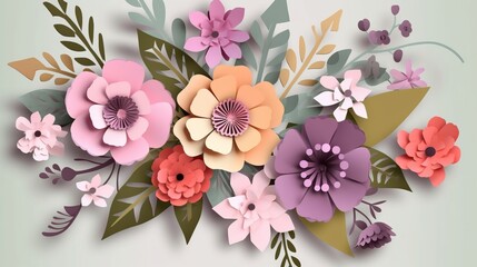 Handcrafted paper cutout with voluminous flowers on a paper, creating a handmade card as a symbol of love and spring. 
