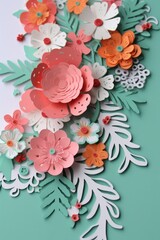 Handcrafted paper cutout with voluminous flowers on a paper, creating a handmade card as a symbol of love and spring. 