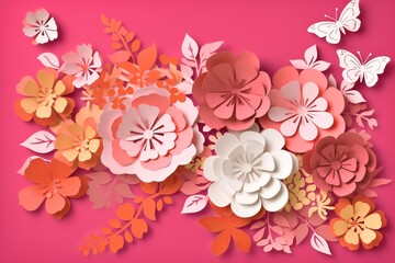 Handcrafted paper cutout with voluminous flowers on a paper, creating a handmade card as a symbol of love and spring. 