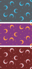 Seamless print design pattern with cute moons and stars in 3 different colors for babies and toddlers.