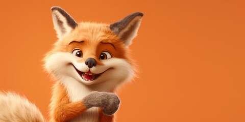 Fototapeta premium A whimsical fox character pointing to the right, against a soft orange studio background, smiling joyfully