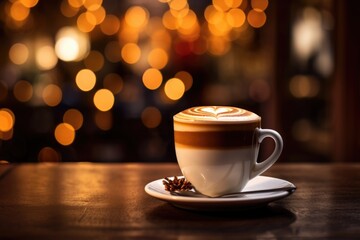 Obraz premium Cappuccino with a beautiful, lush foam stands on the table against a background of blurred lights. The atmosphere of the holiday.