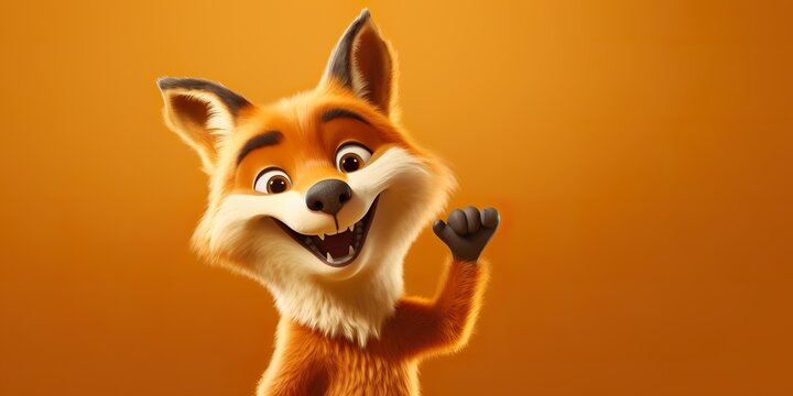 A whimsical fox character pointing to the right, against a soft orange studio background, smiling joyfully