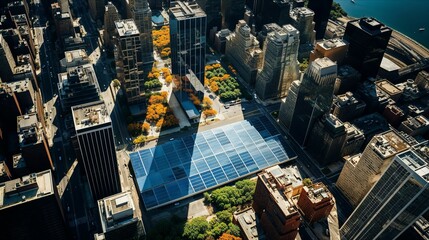 aerial view of photovoltaic elements integrated between buildings in an north american mega city,...