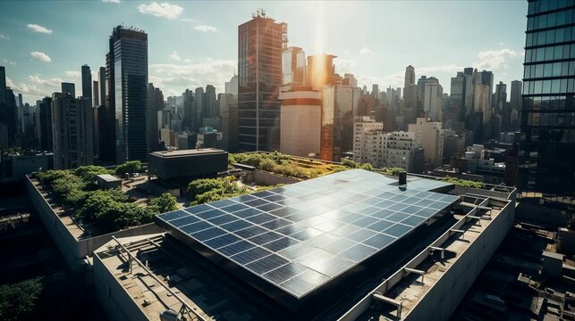 Illustration of a photovoltaic elements integrated an a roof of a building in an north american mega city, sustainable green engergy © Infini Craft