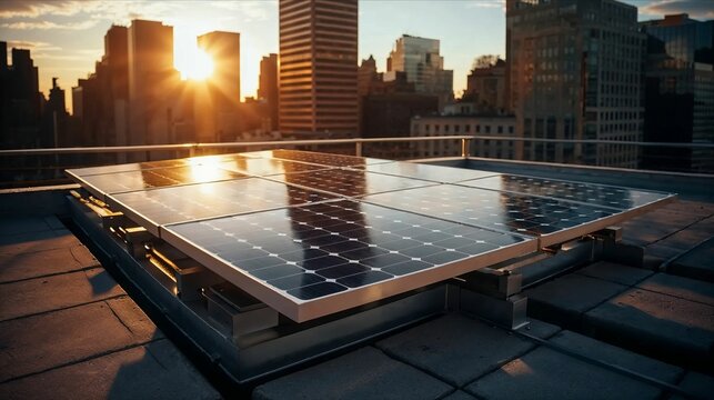 Illustration of a photovoltaic elements integrated an a roof of a building in an north american mega city, sustainable green engergy © Infini Craft