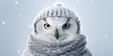 A whimsical snow owl wearing a knitted cap, winking playfully, on a snowy white studio background - obrazy, fototapety, plakaty