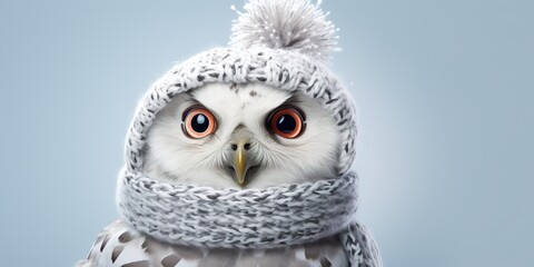 A whimsical snow owl wearing a knitted cap, winking playfully, on a snowy white studio background - obrazy, fototapety, plakaty