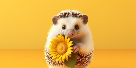 An animated hedgehog character holding a daisy flower, on a sunny yellow background, symbolizing happiness
